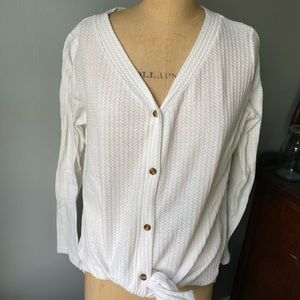 Button Down Waffle Tie Waist White Long Sleeve